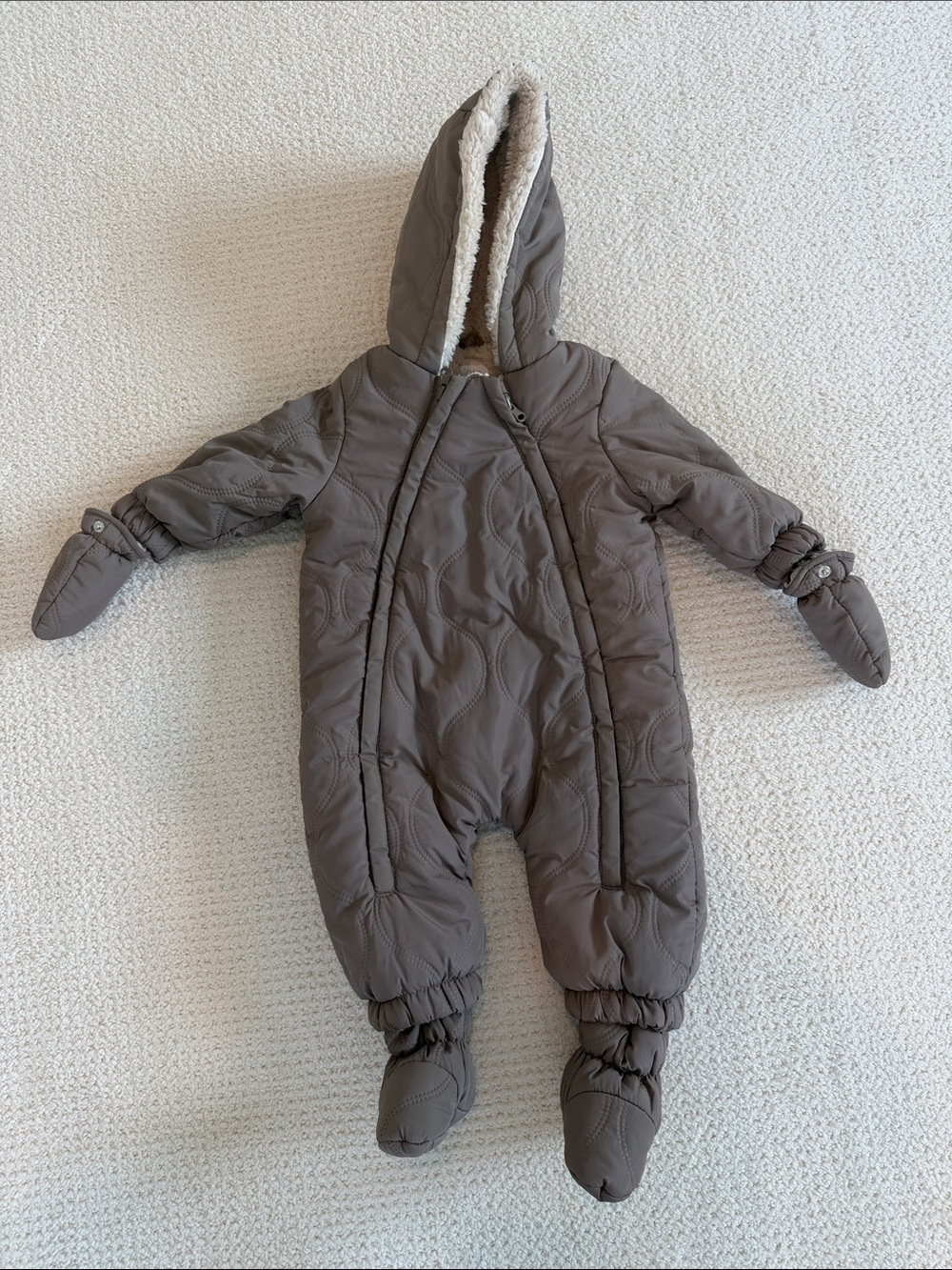 Zara Taupe Quilted Hooded Baby One-Piece Snowsuit